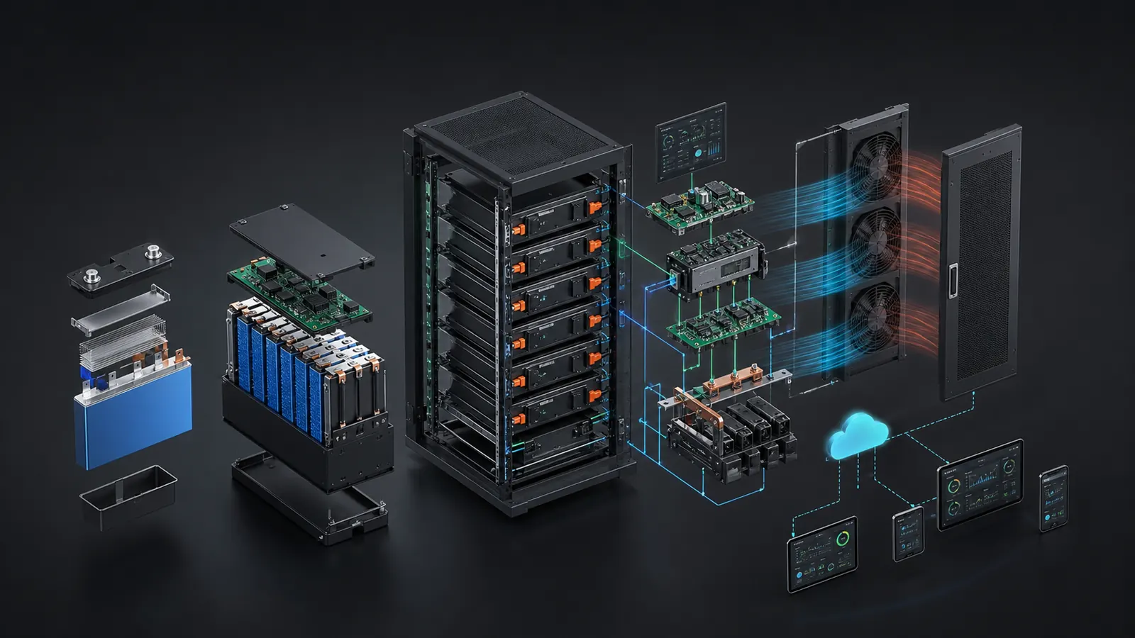 Exploded technical visualization of a LiFePO4 battery system with cell module rack BMS thermal management and monitoring layers