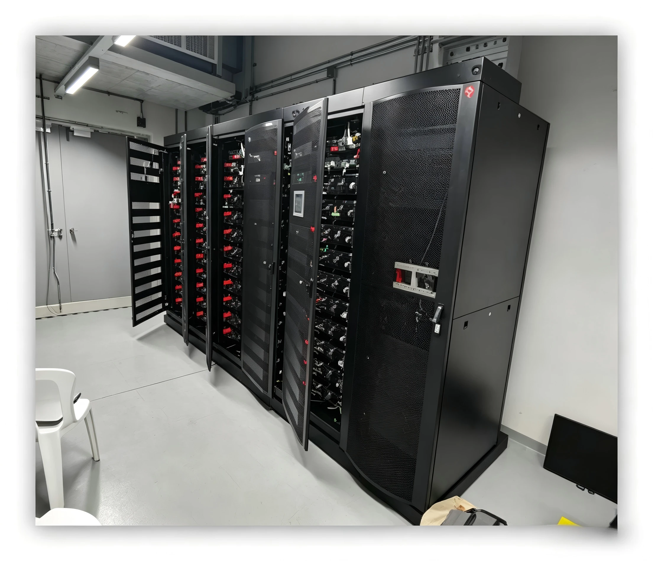 Open LFP battery racks in a data center UPS room showing serviceable battery modules