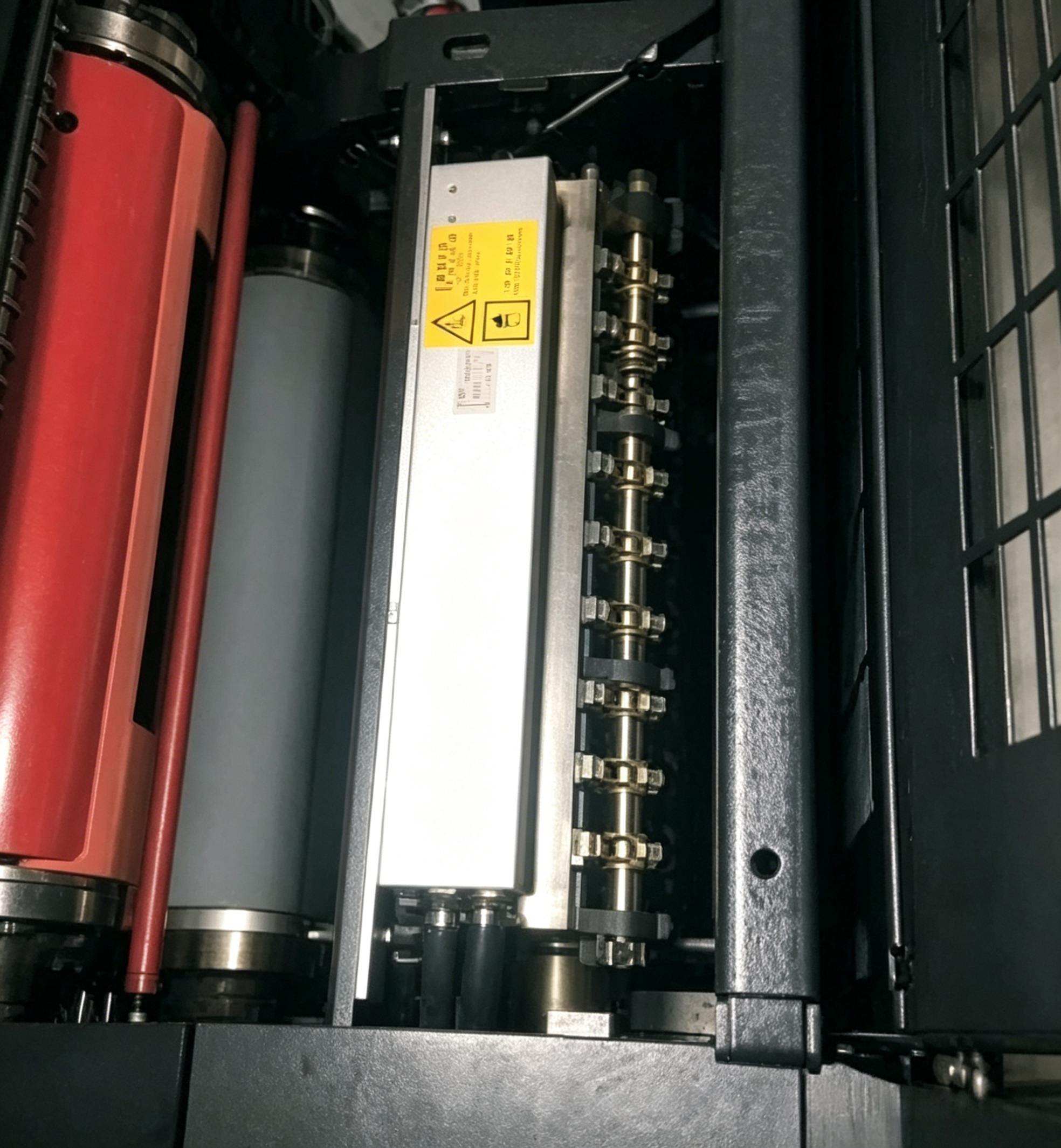 Close-up UV LED curing lamp head on printing equipment