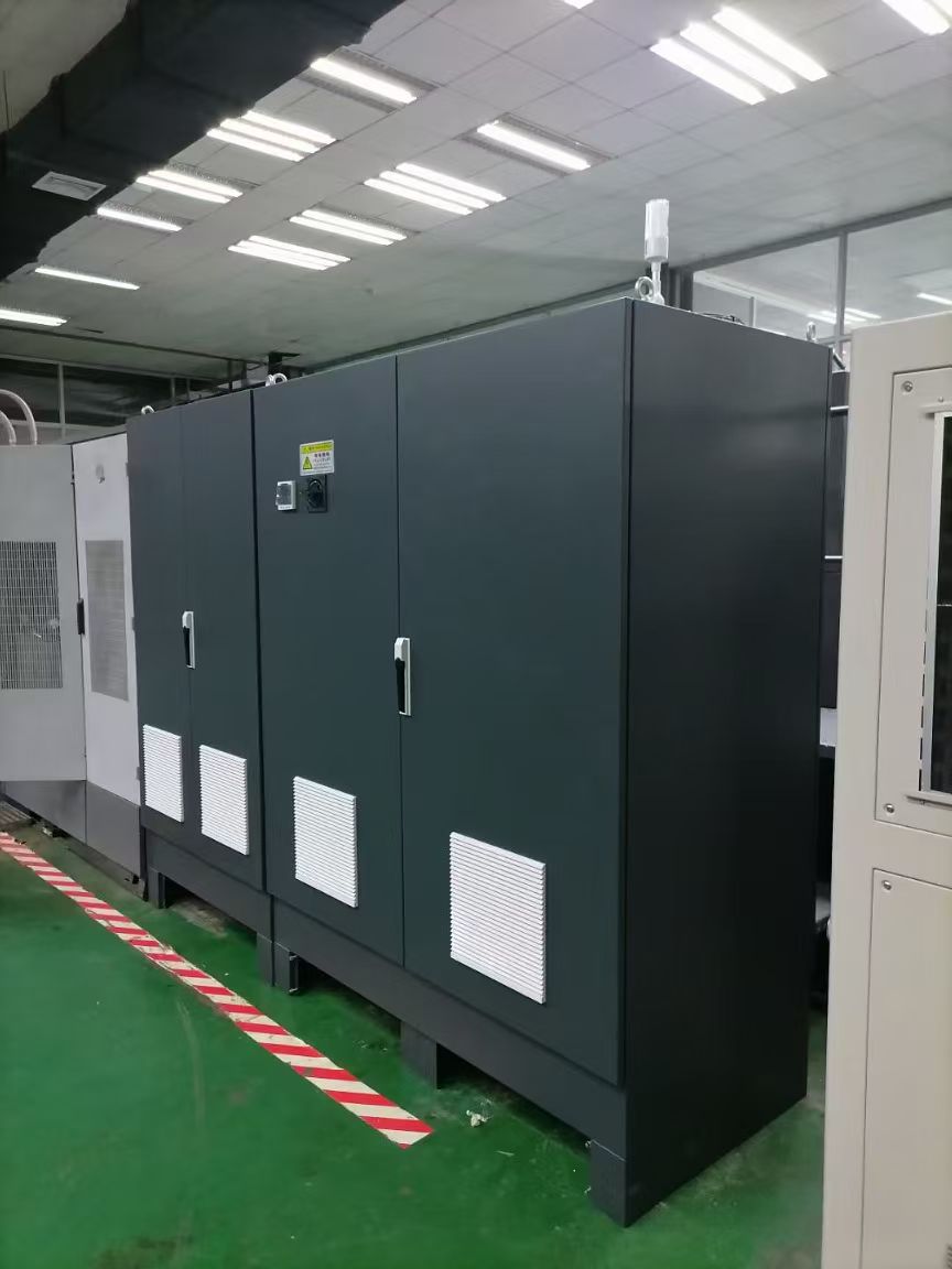 Black industrial UV LED curing power cabinets installed in a production workshop for high-output curing systems.